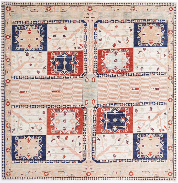 Traditional Hand Knotted Heriz Haji Jalili Wool Rug of Size 8'0'' X 8'0'' in Ivory and Ivory Colors - Made in Afghanistan