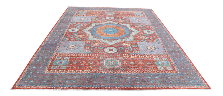 Traditional Hand Knotted Mamluk Haji Jalili Wool Rug of Size 8'6'' X 11'7'' in Red and Teal Colors - Made in Afghanistan