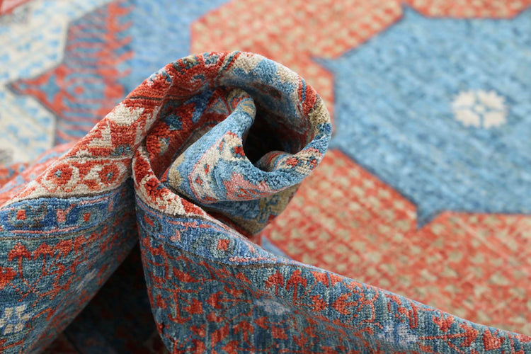 Traditional Hand Knotted Mamluk Haji Jalili Wool Rug of Size 8'6'' X 11'7'' in Red and Teal Colors - Made in Afghanistan