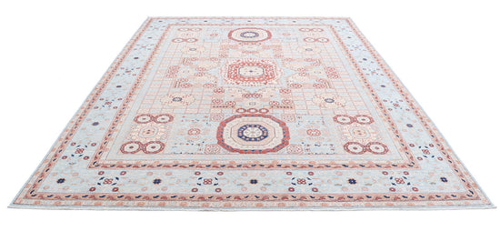 Traditional Hand Knotted Mamluk Haji Jalili Wool Rug of Size 9'0'' X 11'9'' in Blue and Red Colors - Made in Afghanistan
