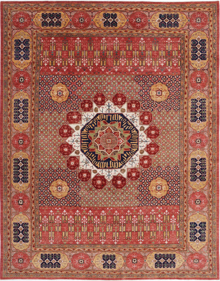 Traditional Hand Knotted Mamluk Haji Jalili Wool Rug of Size 9'1'' X 11'10'' in Red and Gold Colors - Made in Afghanistan