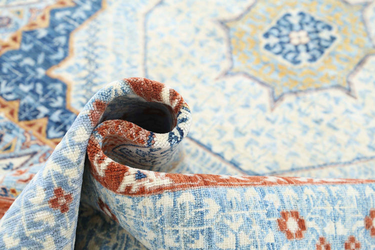 Traditional Hand Knotted Mamluk Haji Jalili Wool Rug of Size 7'8'' X 10'6'' in Blue and Ivory Colors - Made in Afghanistan