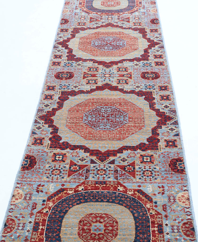 Traditional Hand Knotted Mamluk Haji Jalili Wool Rug of Size 2'6'' X 9'6'' in Teal and Blue Colors - Made in Afghanistan