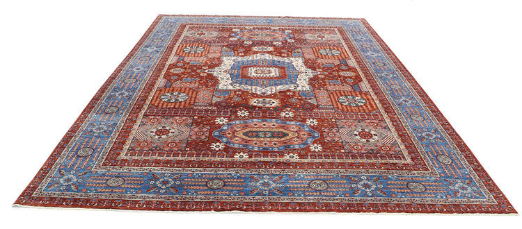 Traditional Hand Knotted Mamluk Haji Jalili Wool Rug of Size 9'2'' X 11'8'' in Rust and Blue Colors - Made in Afghanistan
