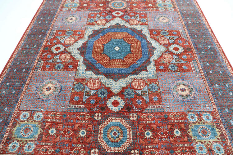 Traditional Hand Knotted Mamluk Haji Jalili Wool Rug of Size 8'3'' X 9'10'' in Red and Green Colors - Made in Afghanistan
