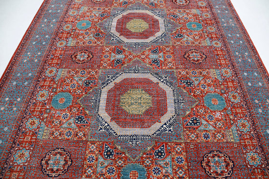 Traditional Hand Knotted Mamluk Haji Jalili Wool Rug of Size 7'10'' X 9'10'' in Rust and Teal Colors - Made in Afghanistan