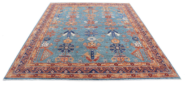 Tribal Hand Knotted Humna Humna Wool Rug of Size 8'1'' X 9'5'' in Green and Red Colors - Made in Afghanistan
