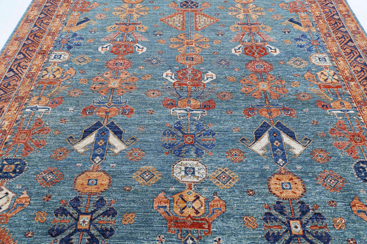 Tribal Hand Knotted Humna Humna Wool Rug of Size 8'1'' X 9'5'' in Green and Red Colors - Made in Afghanistan