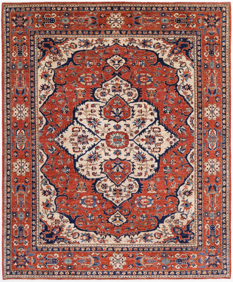 Tribal Hand Knotted Humna Humna Wool Rug of Size 8'0'' X 9'8'' in Ivory and Rust Colors - Made in Afghanistan