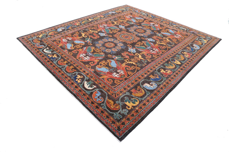 Tribal Hand Knotted Humna Humna Wool Rug of Size 8'3'' X 9'7'' in Brown and Red Colors - Made in Afghanistan