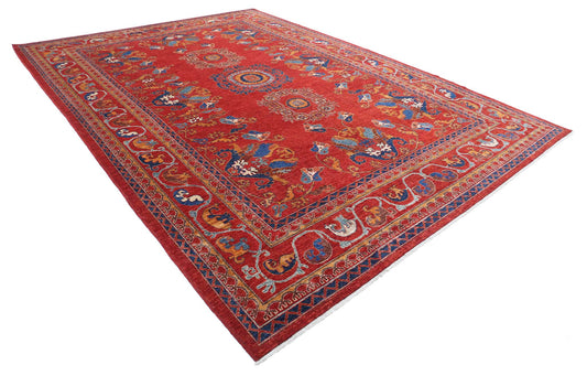 Tribal Hand Knotted Humna Humna Wool Rug of Size 10'0'' X 14'0'' in Rust and Blue Colors - Made in Afghanistan