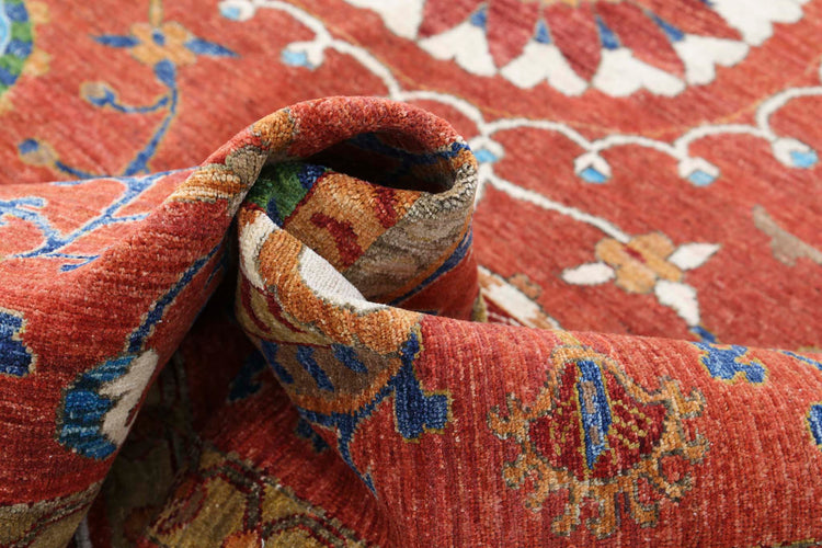 Tribal Hand Knotted Humna Humna Wool Rug of Size 9'1'' X 10'7'' in Red and Green Colors - Made in Afghanistan