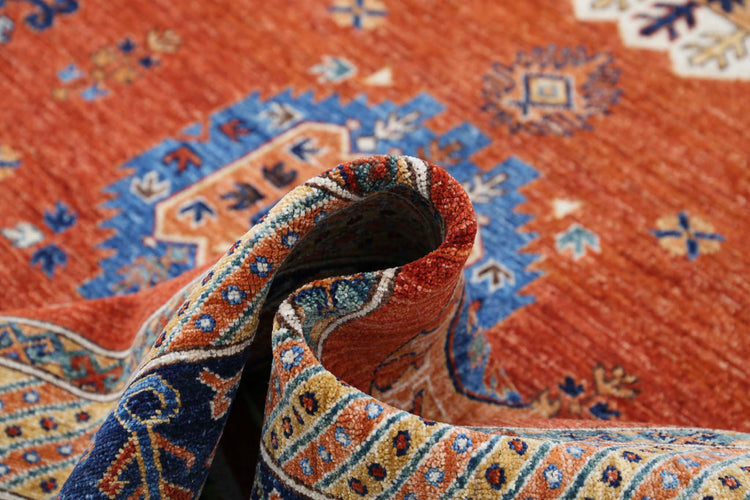 Tribal Hand Knotted Humna Humna Wool Rug of Size 9'0'' X 11'5'' in Rust and Blue Colors - Made in Afghanistan