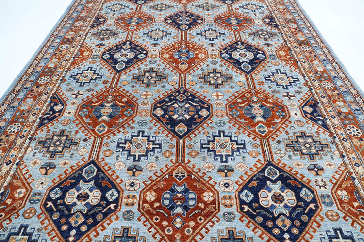 Tribal Hand Knotted Humna Humna Wool Rug of Size 9'0'' X 12'7'' in Blue and Rust Colors - Made in Afghanistan