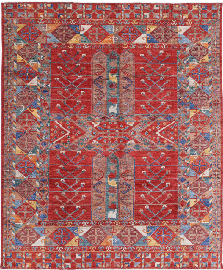 Tribal Hand Knotted Humna Humna Wool Rug of Size 9'1'' X 10'10'' in Rust and Blue Colors - Made in Afghanistan