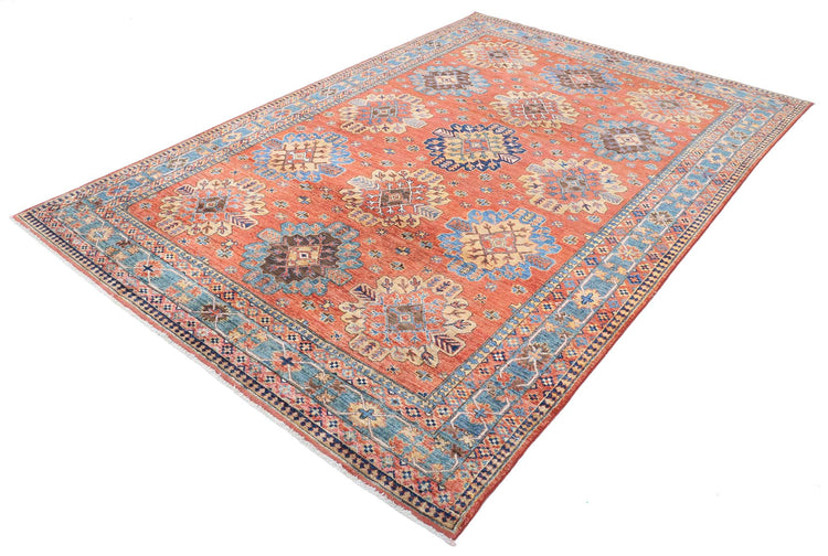 Tribal Hand Knotted Humna Humna Wool Rug of Size 6'8'' X 9'10'' in Rust and Green Colors - Made in Afghanistan