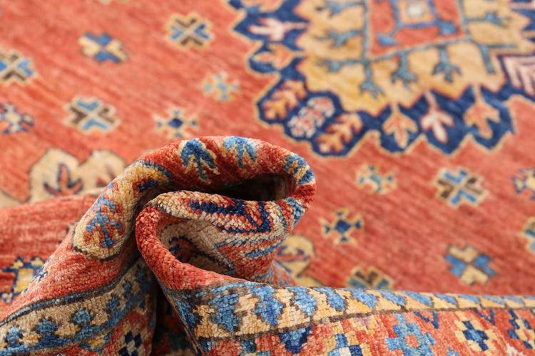 Tribal Hand Knotted Humna Humna Wool Rug of Size 6'8'' X 9'10'' in Rust and Green Colors - Made in Afghanistan