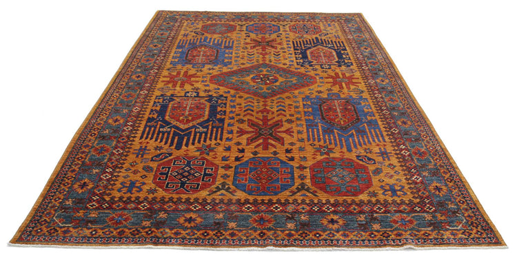 Tribal Hand Knotted Humna Humna Wool Rug of Size 6'10'' X 10'2'' in Gold and Green Colors - Made in Afghanistan