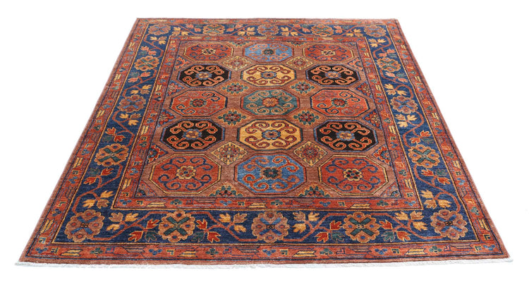 Tribal Hand Knotted Humna Humna Wool Rug of Size 5'9'' X 7'2'' in Brown and Blue Colors - Made in Afghanistan