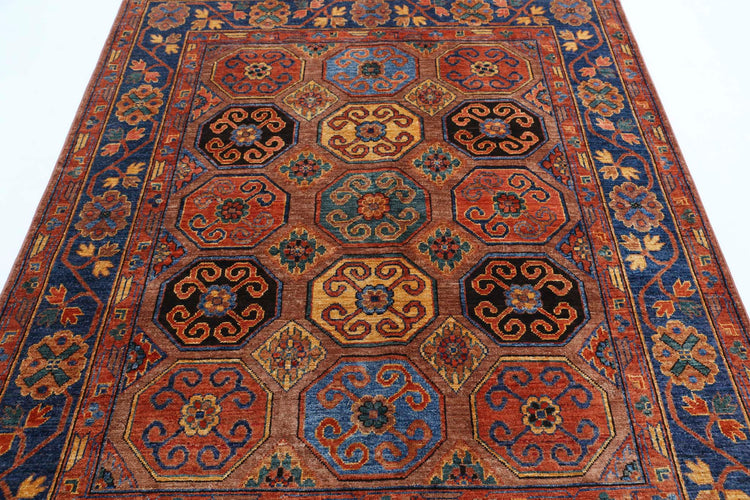 Tribal Hand Knotted Humna Humna Wool Rug of Size 5'9'' X 7'2'' in Brown and Blue Colors - Made in Afghanistan