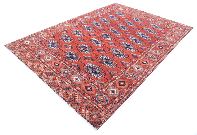 Tribal Hand Knotted Humna Humna Wool Rug of Size 6'7'' X 9'7'' in Rust and Blue Colors - Made in Afghanistan
