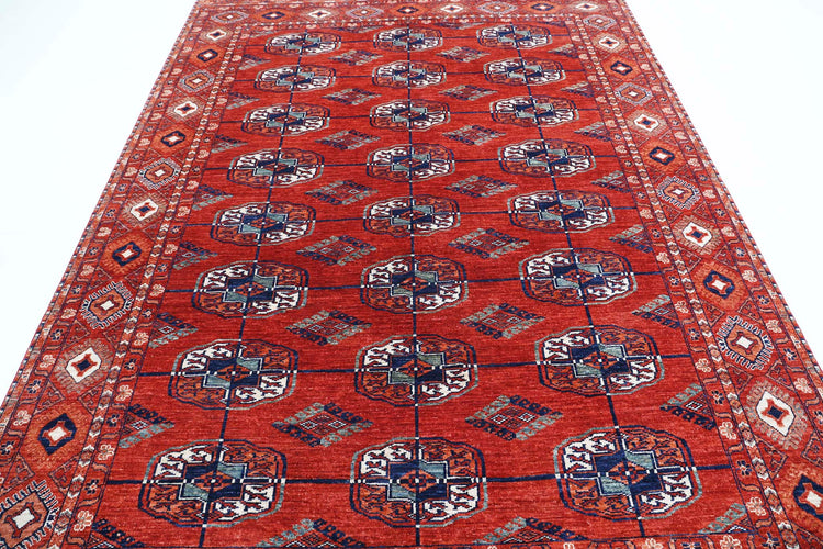 Tribal Hand Knotted Humna Humna Wool Rug of Size 6'7'' X 9'7'' in Rust and Blue Colors - Made in Afghanistan