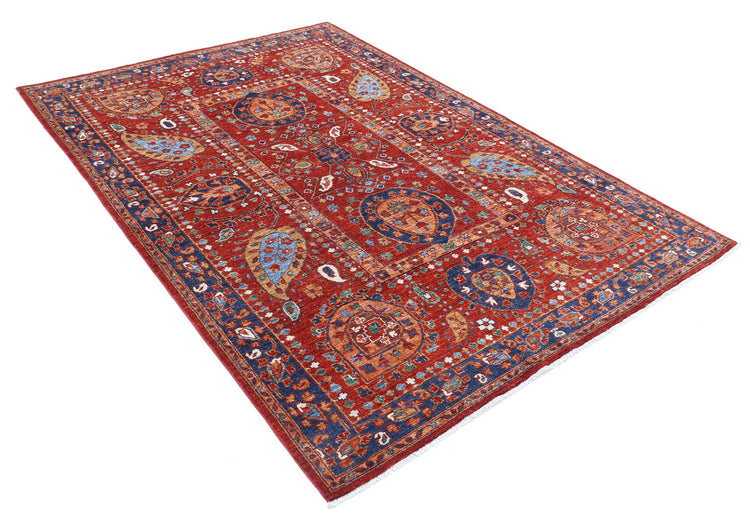 Tribal Hand Knotted Humna Humna Wool Rug of Size 5'6'' X 7'11'' in Red and Blue Colors - Made in Afghanistan