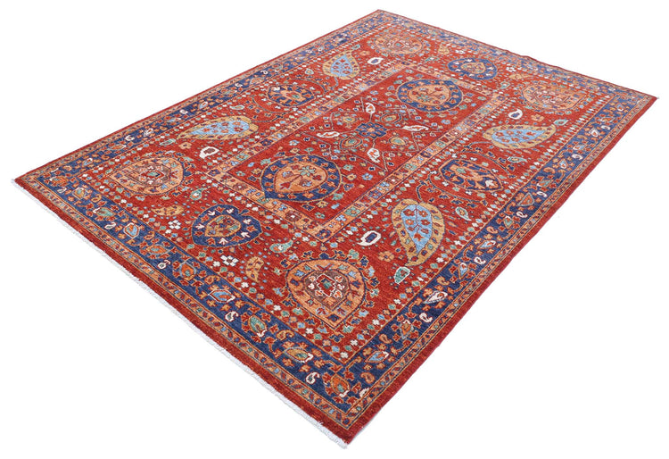 Tribal Hand Knotted Humna Humna Wool Rug of Size 5'6'' X 7'11'' in Red and Blue Colors - Made in Afghanistan