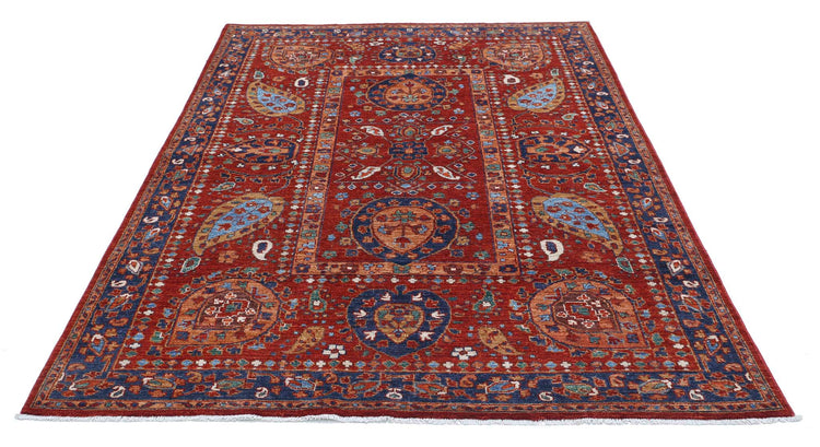 Tribal Hand Knotted Humna Humna Wool Rug of Size 5'6'' X 7'11'' in Red and Blue Colors - Made in Afghanistan