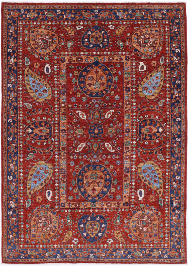 Tribal Hand Knotted Humna Humna Wool Rug of Size 5'6'' X 7'11'' in Red and Blue Colors - Made in Afghanistan