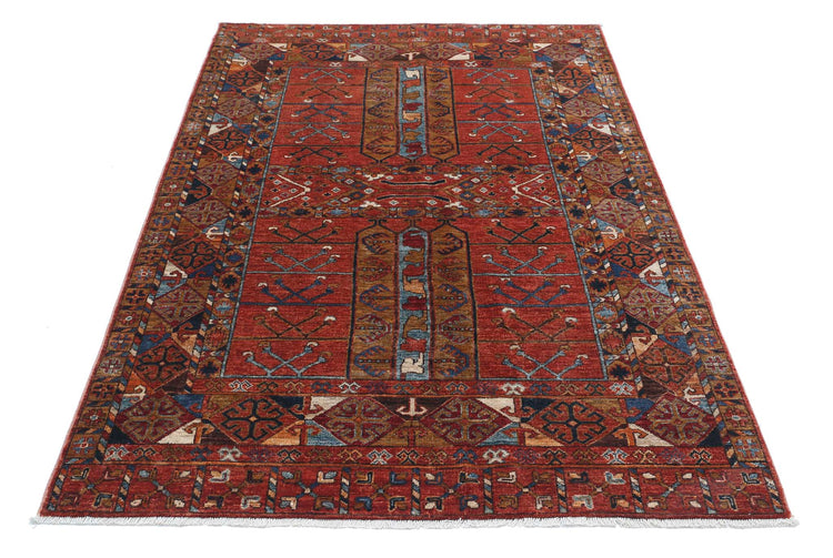 Tribal Hand Knotted Humna Humna Wool Rug of Size 4'2'' X 7'0'' in Rust and Multi Colors - Made in Afghanistan