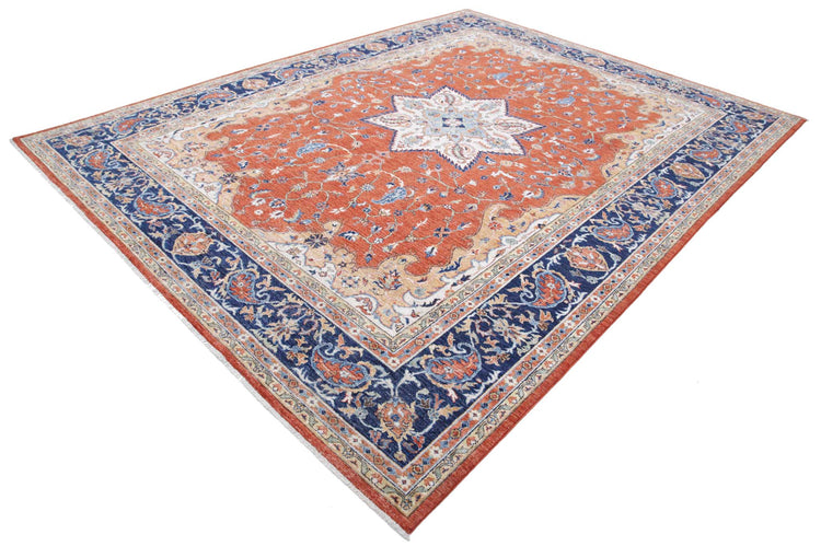 Tribal Hand Knotted Humna Humna Wool Rug of Size 8'11'' X 11'8'' in Rust and Blue Colors - Made in Afghanistan
