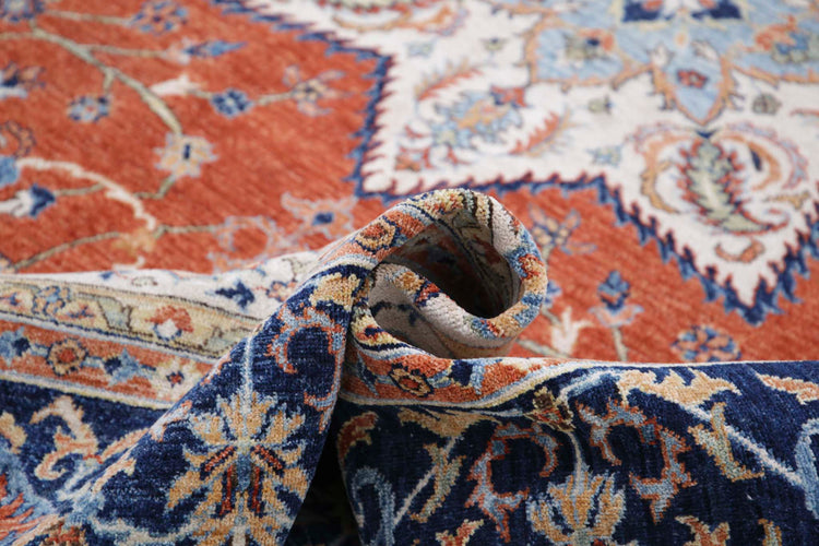 Tribal Hand Knotted Humna Humna Wool Rug of Size 8'11'' X 11'8'' in Rust and Blue Colors - Made in Afghanistan