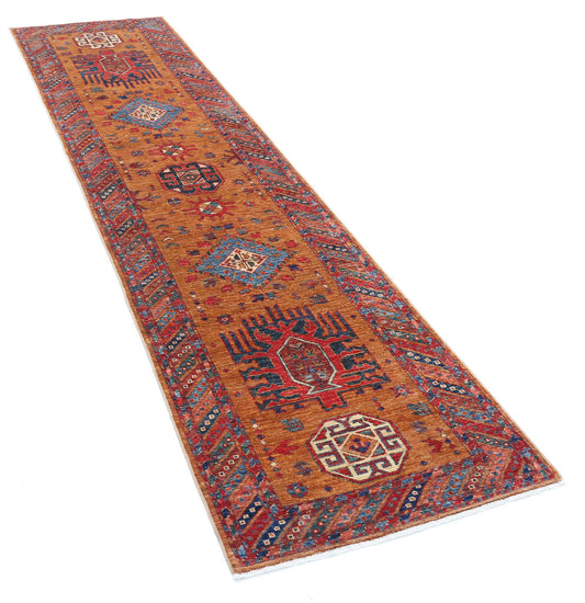 Tribal Hand Knotted Humna Humna Wool Rug of Size 2'8'' X 9'6'' in Gold and Multi Colors - Made in Afghanistan
