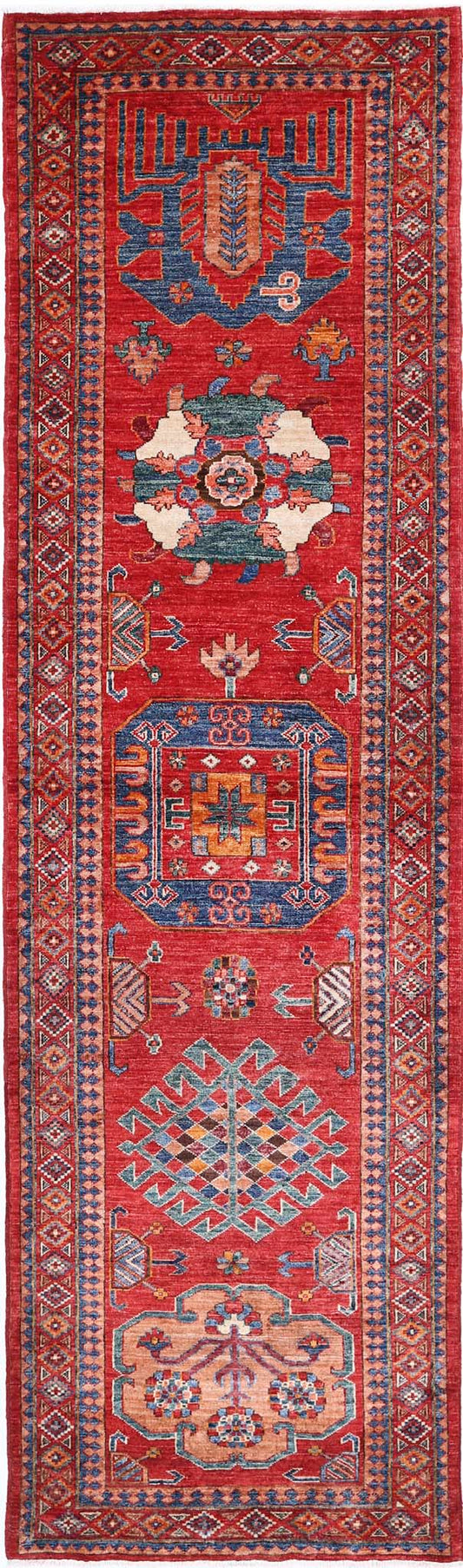 Tribal Hand Knotted Humna Humna Wool Rug of Size 2'7'' X 9'7'' in Red and Taupe Colors - Made in Afghanistan