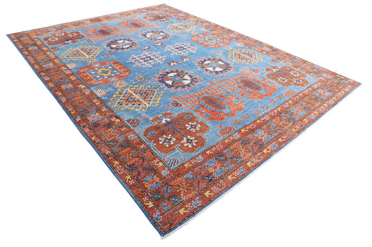 Tribal Hand Knotted Humna Humna Wool Rug of Size 9'3'' X 12'0'' in Blue and Rust Colors - Made in Afghanistan