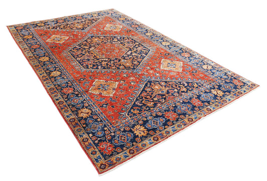 Tribal Hand Knotted Humna Humna Wool Rug of Size 6'8'' X 9'10'' in Rust and Blue Colors - Made in Afghanistan