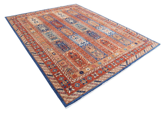Tribal Hand Knotted Humna Humna Wool Rug of Size 7'9'' X 9'8'' in Blue and Rust Colors - Made in Afghanistan