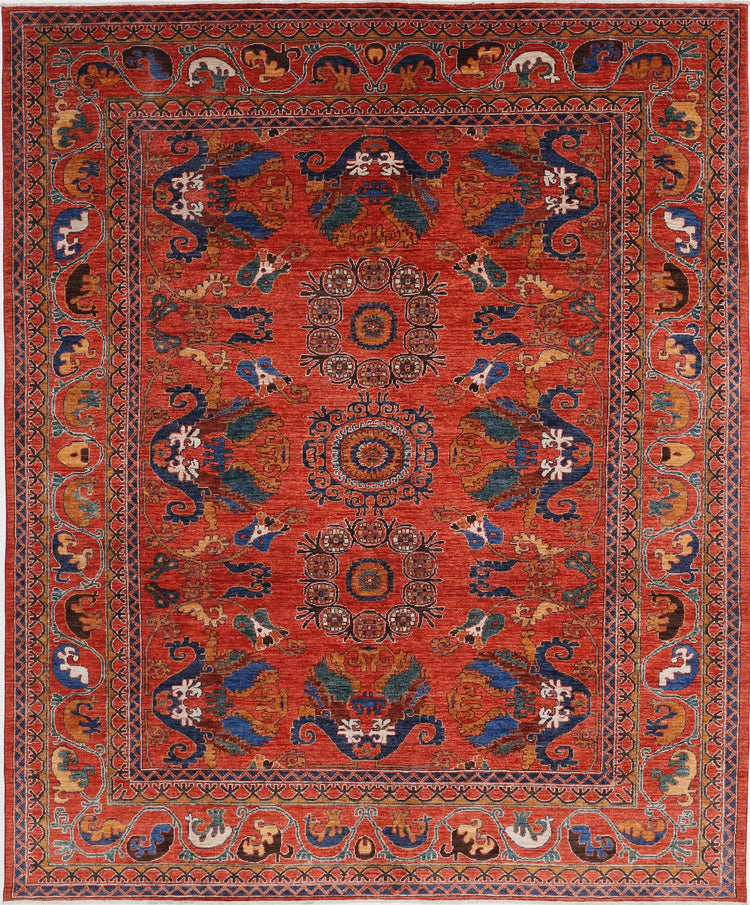 Tribal Hand Knotted Humna Humna Wool Rug of Size 8'4'' X 9'11'' in Red and Red Colors - Made in Afghanistan