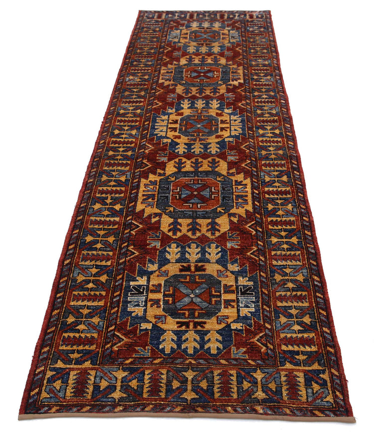 Tribal Hand Knotted Humna Humna Wool Rug of Size 2'10'' X 9'5'' in Red and Multi Colors - Made in Afghanistan