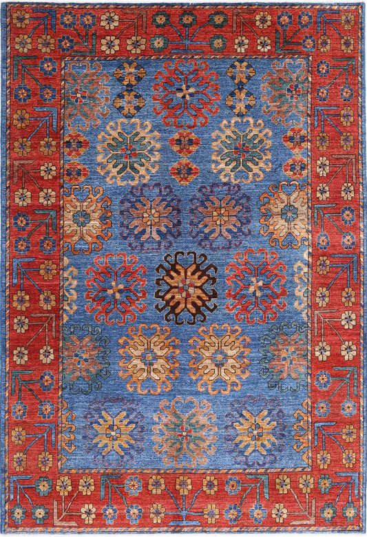 Tribal Hand Knotted Humna Humna Wool Rug of Size 6'9'' X 10'1'' in Blue and Red Colors - Made in Afghanistan