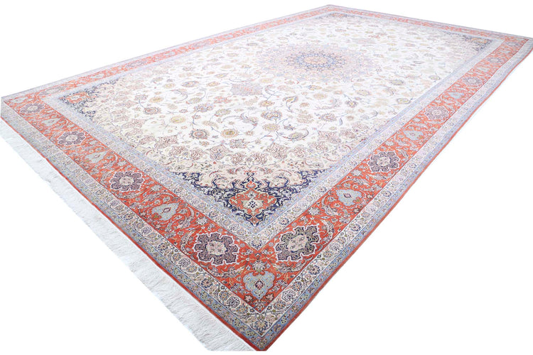 Masterpiece Hand Knotted Isfahan Isfahan Wool & Silk Rug of Size 12'11'' X 21'1'' in Ivory and Rust Colors - Made in Iran