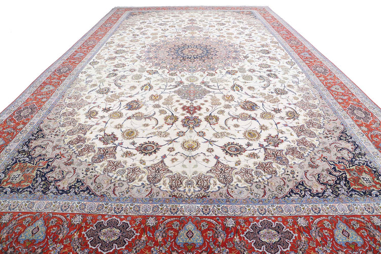 Masterpiece Hand Knotted Isfahan Isfahan Wool & Silk Rug of Size 12'11'' X 21'1'' in Ivory and Rust Colors - Made in Iran