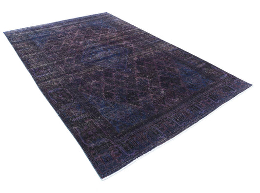 Persian Hand Knotted Vintage Overdyed Josheghan Wool Rug of Size 6'9'' X 10'2'' in Purple and Blue Colors - Made in Iran