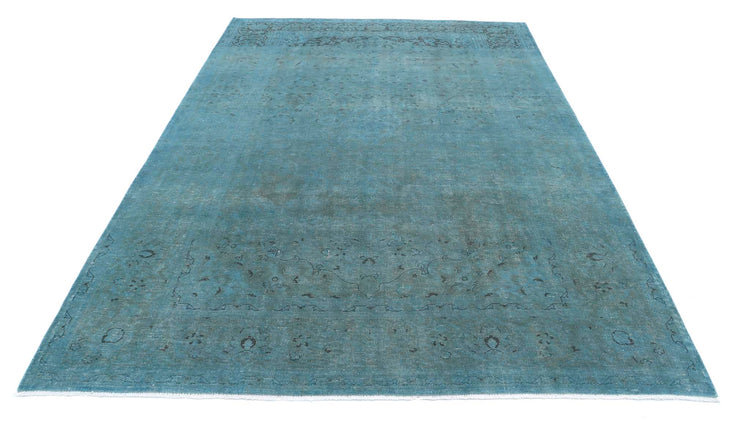 Persian Hand Knotted Vintage Overdyed Kashan Wool Rug of Size 6'8'' X 10'0'' in Teal and Charcoal Colors - Made in Iran