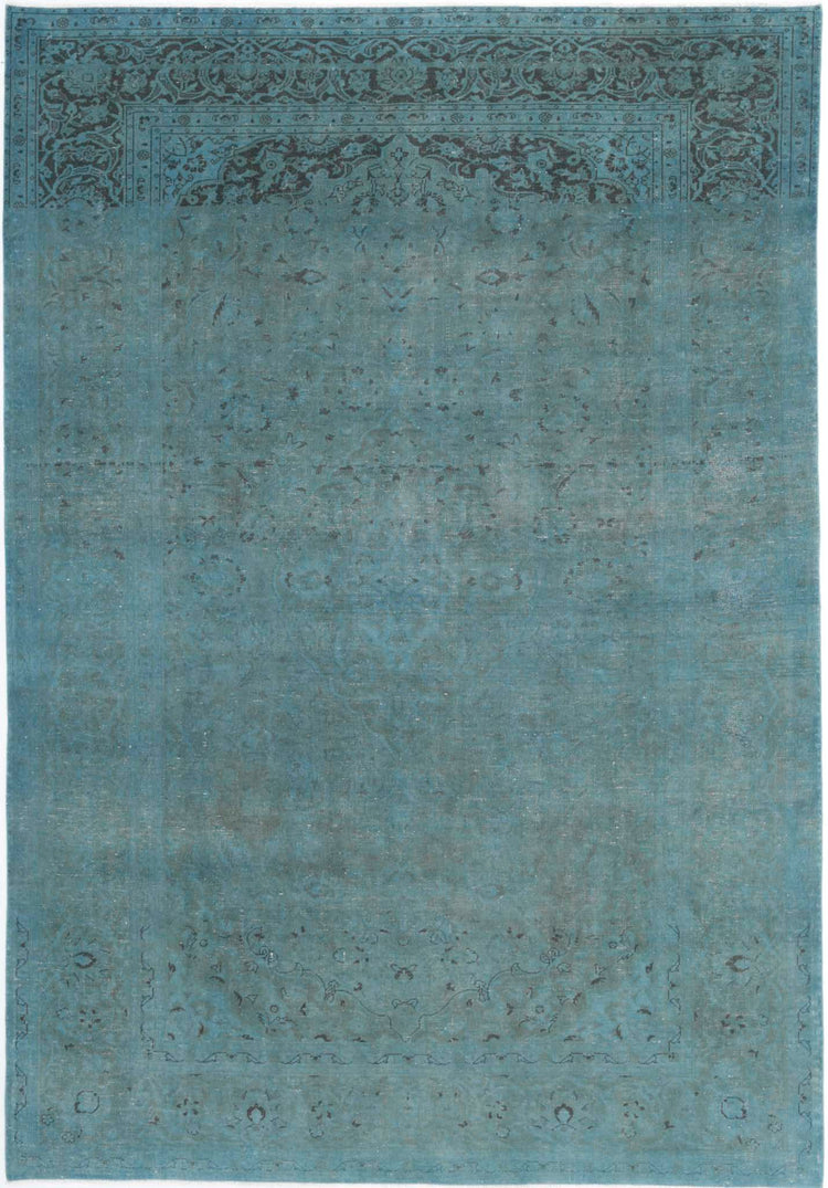 Persian Hand Knotted Vintage Overdyed Kashan Wool Rug of Size 6'8'' X 10'0'' in Teal and Charcoal Colors - Made in Iran