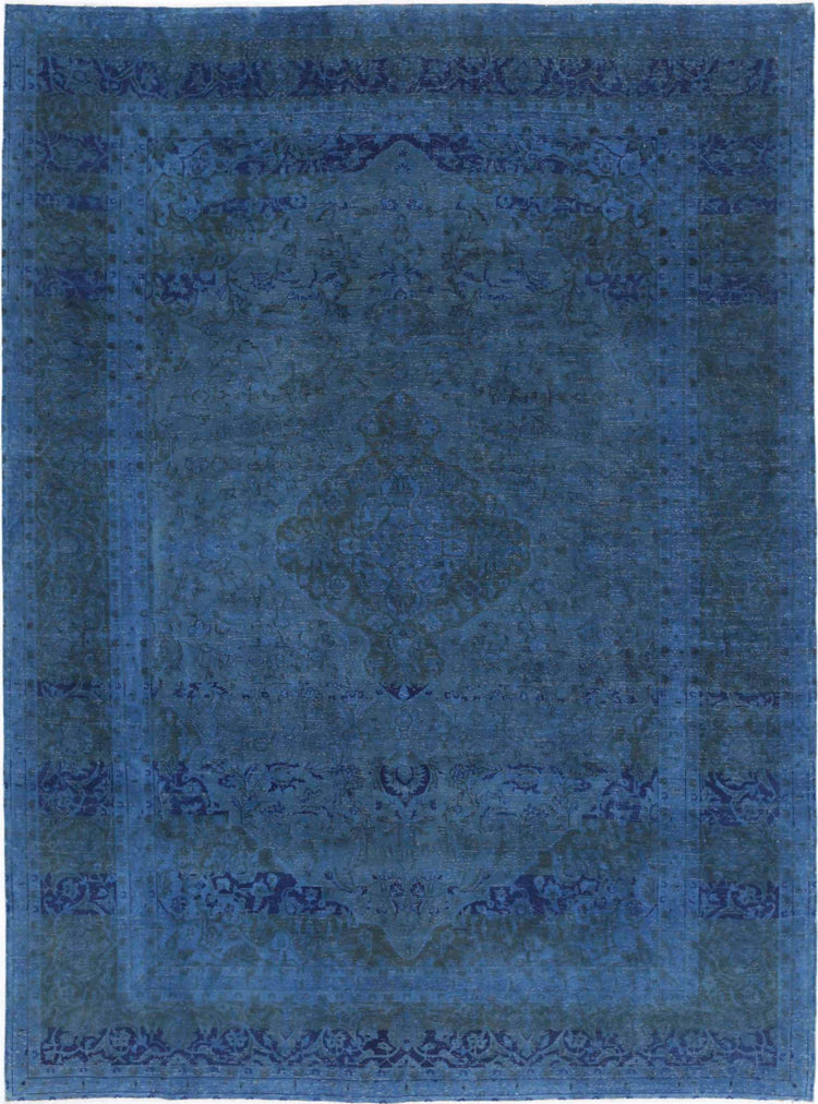 Persian Hand Knotted Vintage Overdyed Kashan Wool Rug of Size 8'2'' X 11'0'' in Blue and Blue Colors - Made in Iran