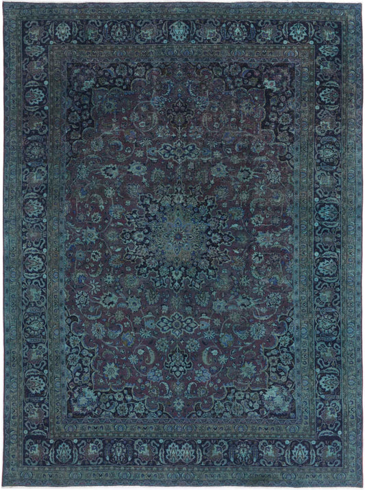 Persian Hand Knotted Overdyed Kashan Wool Rug of Size 9'6'' X 12'11'' in Purple and Blue Colors - Made in Iran