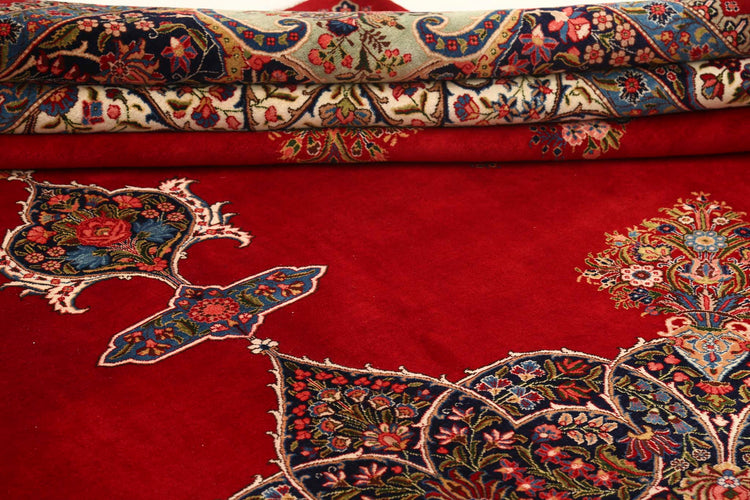 Persian Hand Knotted Kerman Kerman Wool Rug of Size 11'6'' X 17'5'' in Red and Blue Colors - Made in Iran