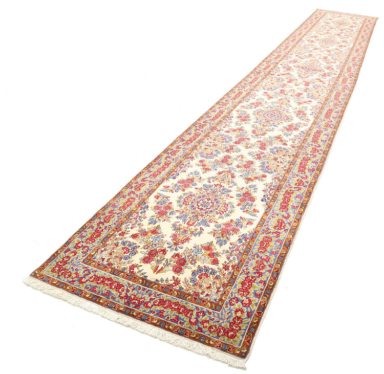 Masterpiece Hand Knotted Kerman Kerman Wool Rug of Size 3'5'' X 21'3'' in Ivory and Blue Colors - Made in Iran